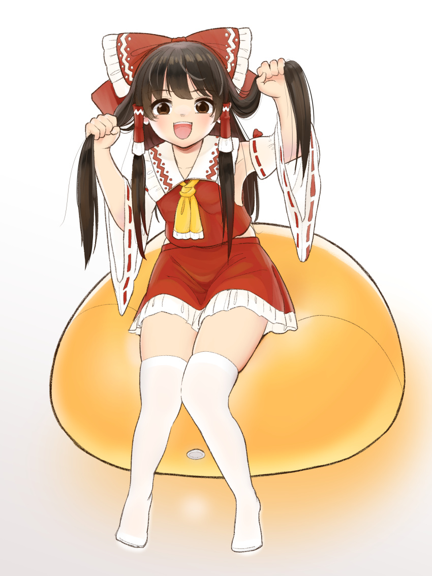 1girl :d absurdres alternate_hairstyle armpits ascot bangs bean_bag_chair blush bow breasts brown_eyes brown_hair detached_sleeves hair_bow hair_tubes hakurei_reimu hands_up highres holding holding_hair housulu knees_together_feet_apart long_hair looking_at_viewer no_shoes open_mouth over-kneehighs petite red_bow ribbon-trimmed_sleeves ribbon_trim simple_background sitting skirt skirt_set sleeves_past_elbows small_breasts smile solo thigh-highs touhou twintails white_background white_thighhighs wide_sleeves