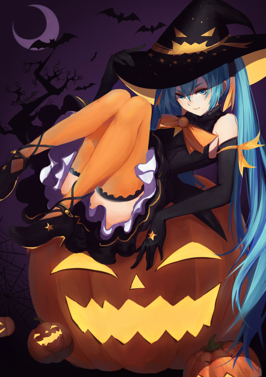 1girl absurdres aqua_eyes aqua_hair bat_(animal) black_gloves commentary_request crescent_moon dress elbow_gloves full_body gloves halloween hat hatsune_miku high_heels highres jack-o'-lantern long_hair looking_at_viewer moon night orange_thighhighs solo tenmoon thigh-highs tree twintails very_long_hair vocaloid witch_hat