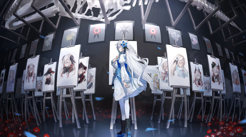 1girl absurdres anemone_(flower) animal_skeleton art_gallery black_coat black_headwear blue_dress blue_hair boots coat dress easel floating_hair flower full_body gradient_dress hair_flower hair_ornament hand_on_own_chest hat highres isekai_joucho kamitsubaki_studio long_hair long_sleeves looking_at_viewer multicolored_hair painting_(object) pantyhose parted_lips profile redhead sideways_glance skeleton solo tilted_headwear two-tone_dress two-tone_footwear two-tone_hair virtual_youtuber walluka white_coat white_dress white_eyes white_hair white_pantyhose witch_hat