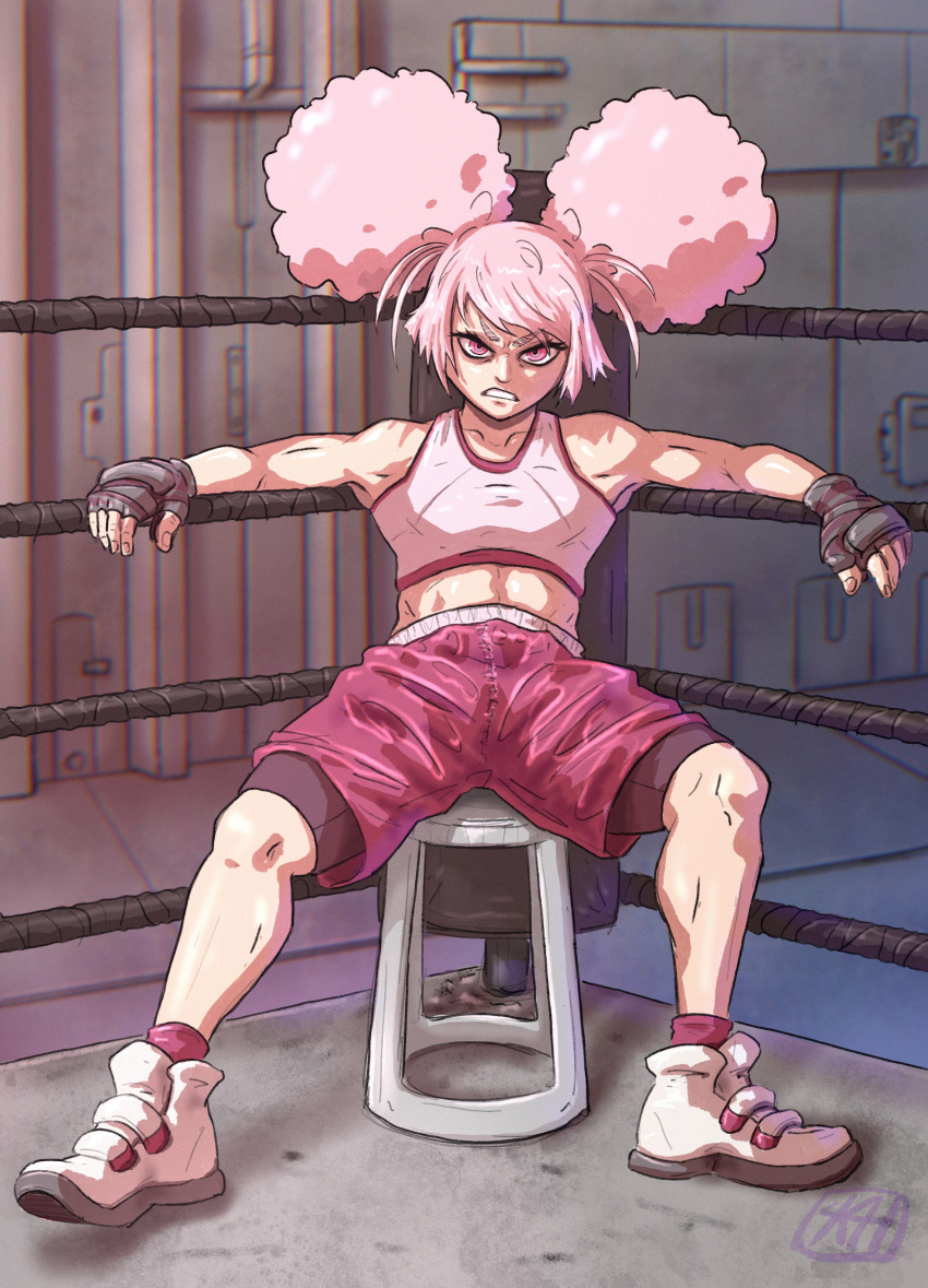 absurdres afro_puffs alternate_muscle_size artist_request bare_shoulders bike_shorts boxing_shorts chuatury_panlunch gundam gundam_suisei_no_majo highres indoors medium_hair padded_gloves pink_eyes pink_hair pink_sports_bra shoes shorts solo sports_bra stool toned