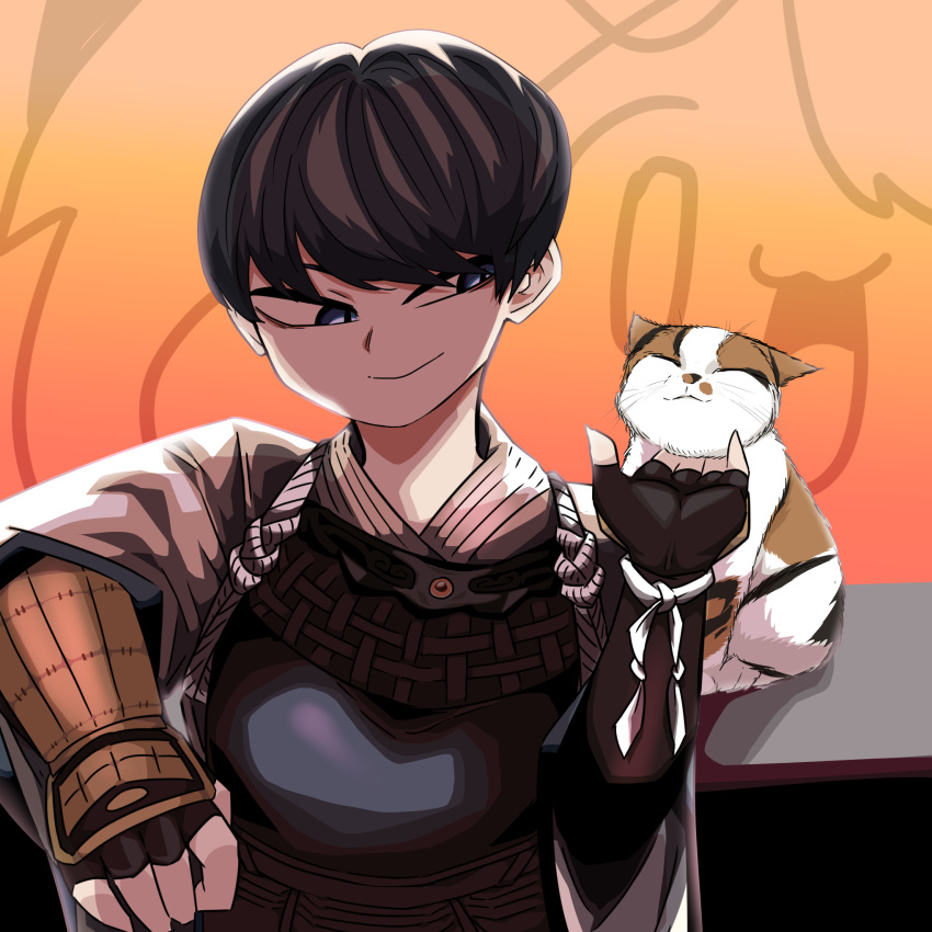 1boy armor bangs black_eyes black_gloves black_hair black_survival bob_cut breastplate calico cat chin_stroke closed_mouth commentary_request fingerless_gloves gloves highres japanese_armor japanese_clothes kimono kurodani_yamame looking_at_animal looking_to_the_side male_focus orange_background petting rinyamame short_hair shoulder_armor smile sode solo touhou upper_body white_kimono yuki_(black_survival)