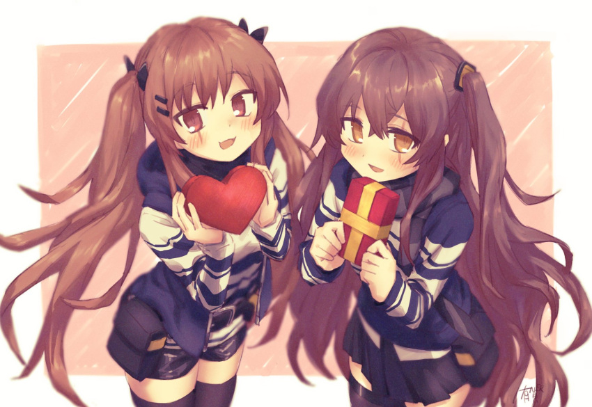 2girls arigatoner black_shorts black_skirt blush box brown_eyes brown_hair commentary_request cowboy_shot gift gift_box girls_frontline grey_scarf heart-shaped_box highres long_sleeves looking_at_viewer multiple_girls official_alternate_costume one_side_up open_mouth pink_background pleated_skirt scar scar_across_eye scarf shirt shorts skirt smile striped striped_shirt thigh-highs twintails ump45_("just_this_time.")_(girls'_frontline) ump45_(girls'_frontline) ump9_("am_i_late?")_(girls'_frontline) ump9_(girls'_frontline) valentine zettai_ryouiki