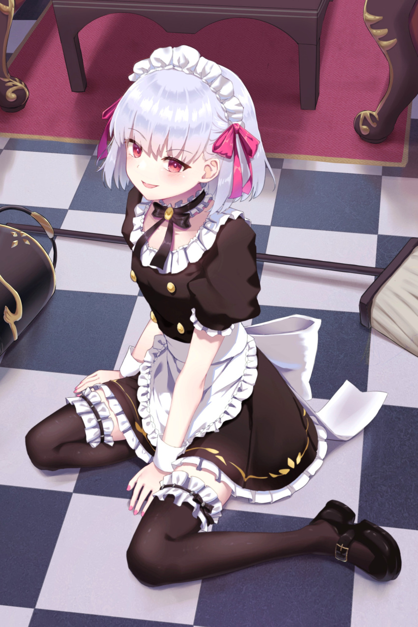 1girl absurdres apron bangs black_dress black_footwear black_ribbon black_thighhighs blush broom bucket commentary_request detached_collar dress fate/grand_order fate/grand_order_arcade fate_(series) fingernails frilled_dress frilled_thighhighs frills hair_ribbon highres indoors kama_(fate) kama_(mistake)_(fate) looking_at_viewer lucky_ckm maid maid_headdress neck_ribbon on_floor open_mouth pink_nails pink_ribbon puffy_short_sleeves puffy_sleeves red_eyes ribbon shoes short_hair short_sleeves sitting smile solo thigh-highs waist_apron white_apron white_hair wrist_cuffs
