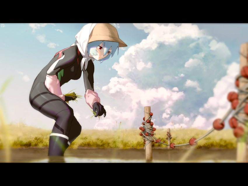 1girl ayanami_rei bangs black_bodysuit blue_hair blue_sky bodysuit closed_mouth day farming hat highres kips leaning_forward neon_genesis_evangelion outdoors partially_submerged red_eyes short_hair sky solo standing straw_hat water