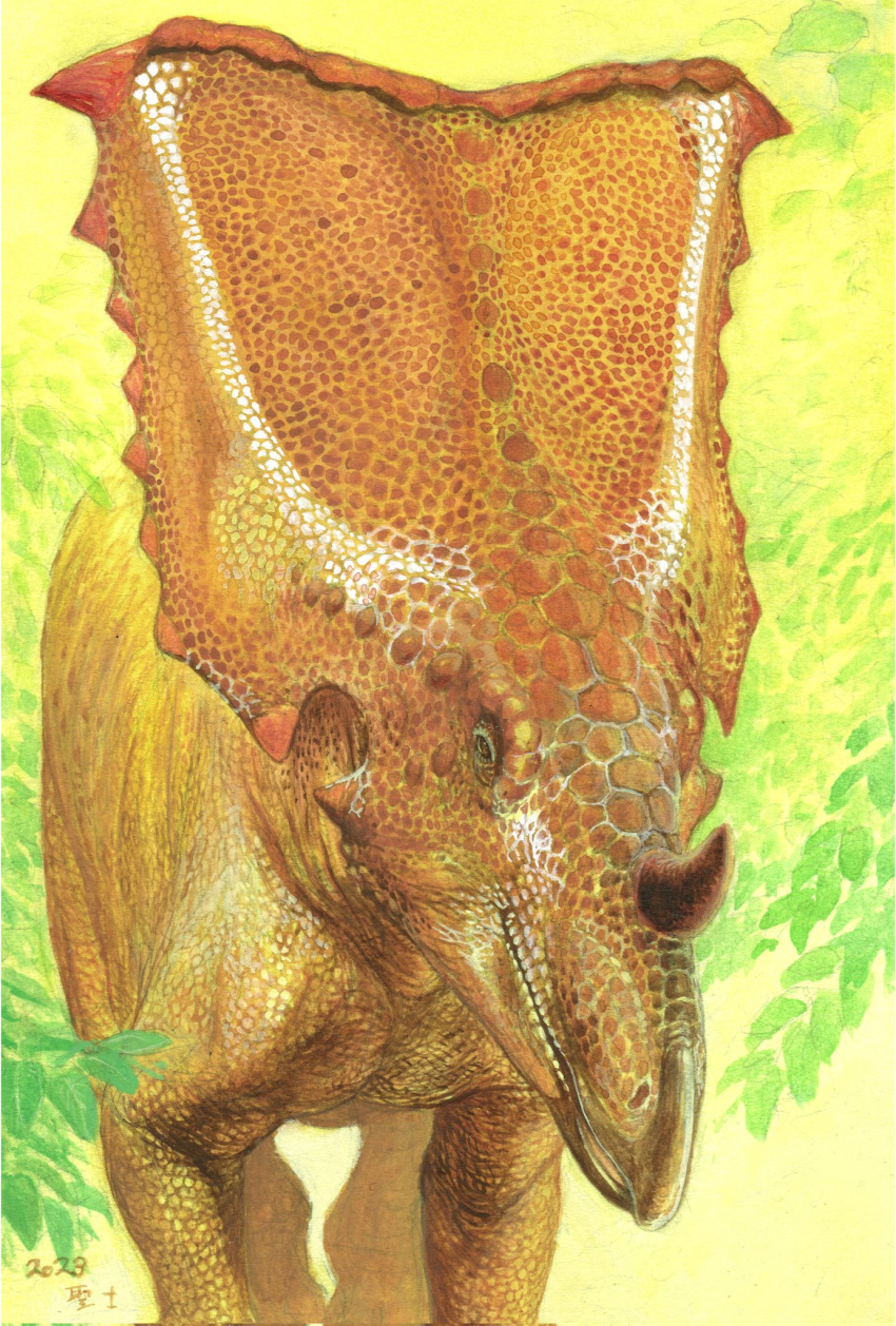 2023 animal animal_focus chasmosaurus dinosaur highres leaf no_humans original prehistoric_animal yamamoto_seiji