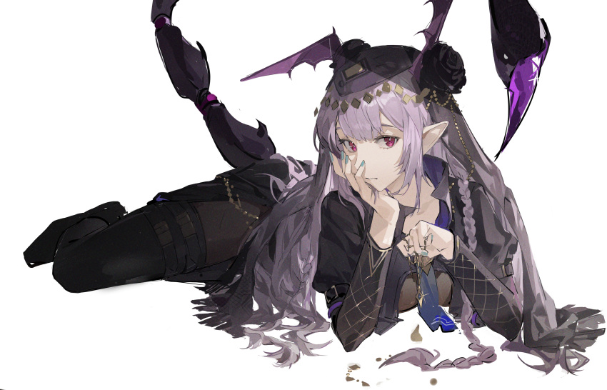 1girl absurdres arknights bat_wings black_footwear black_pantyhose black_shirt black_thighhighs black_veil blue_nails blue_necktie braid breasts closed_mouth commentary expressionless full_body hand_on_own_face head_wings highres holding holding_jewelry holding_necklace jewelry light_purple_hair long_hair long_sleeves looking_at_viewer lying manticore_(arknights) manticore_(under_a_veil)_(arknights) medium_breasts nail_polish necklace necktie official_alternate_costume on_stomach pantyhose pointy_ears scorpion_tail shirt shoes side_braids simple_background solo tail thigh-highs thigh_strap violet_eyes white_background wings yeyuanqianqianqian