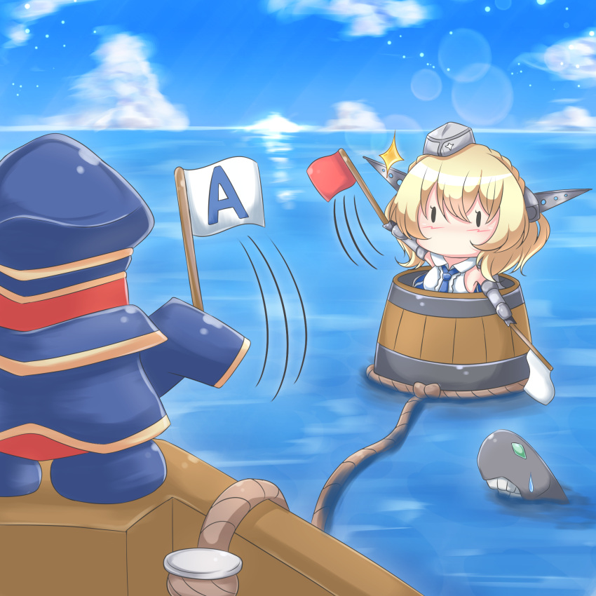 1girl barrel blonde_hair blush breasts character_request chibi colorado_(kancolle) dock flag floating garrison_cap grey_headwear hat headgear highres i-class_destroyer kantai_collection mario_party outdoors red_flag riretsuto rope shirt short_hair sleeveless solid_eyes super_mario_bros. white_flag white_shirt