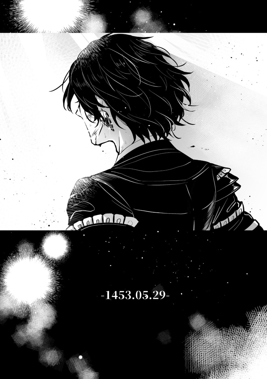 1boy armor black_background blood blood_on_face constantine_xi_(fate) earrings facing_away fate/grand_order fate_(series) from_behind greyscale highres itokon300 jewelry male_focus monochrome short_hair solo sparkle sweat upper_body white_background