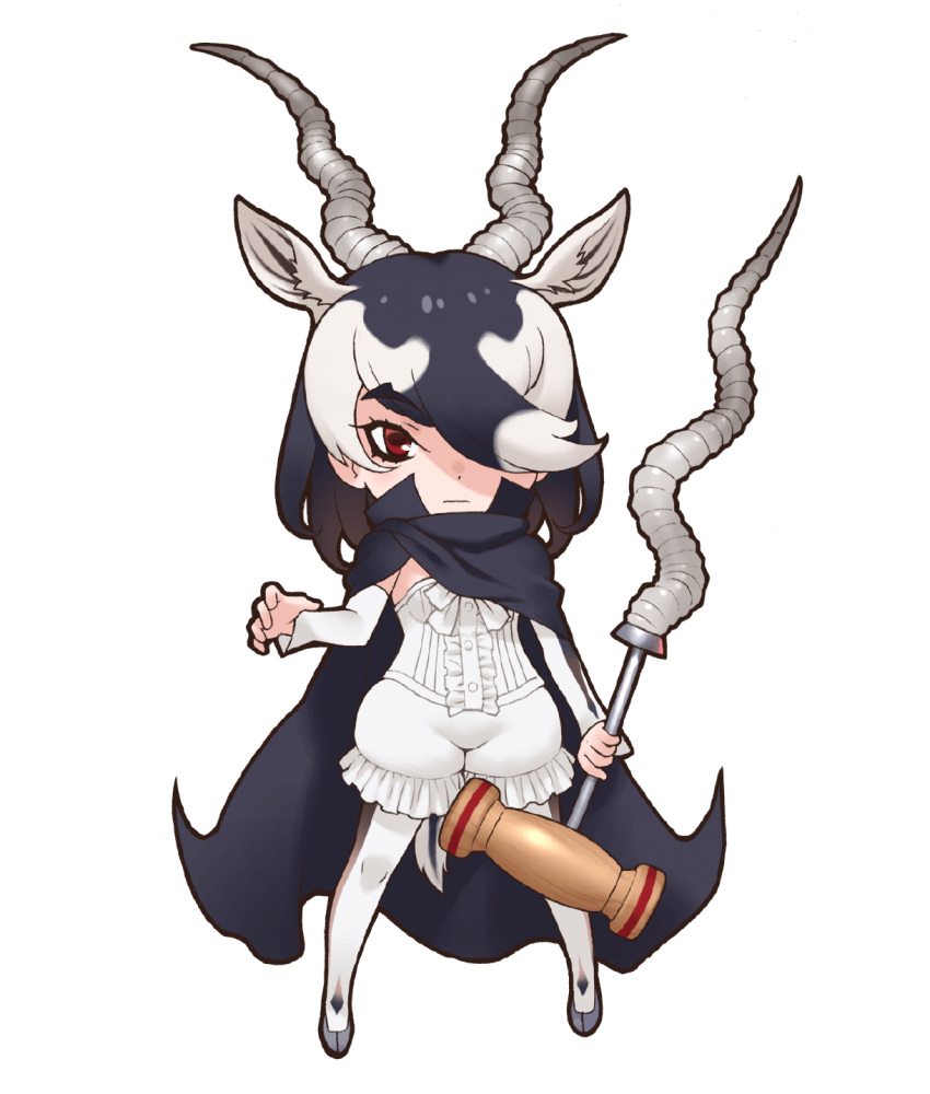 1girl animal_ears black_hair blackbuck_(kemono_friends) cloak closed_mouth dress extra_ears grey_hair highres horns kemono_friends looking_at_viewer official_art pantyhose red_eyes shoes short_hair shorts simple_background solo transparent_background weapon yoshizaki_mine