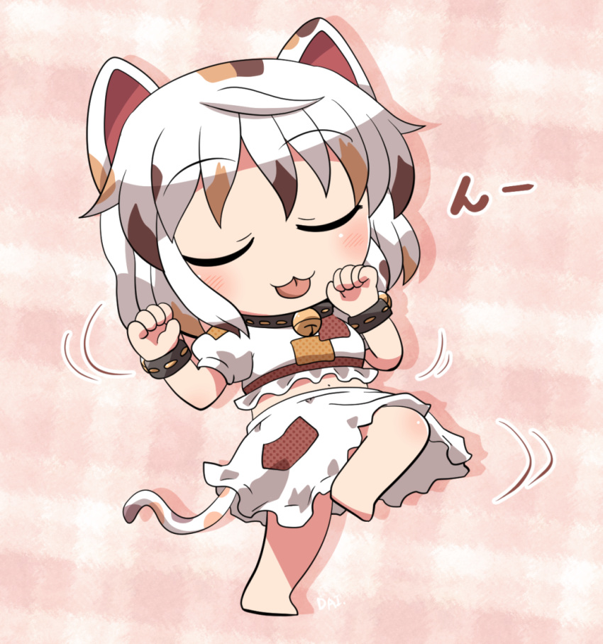 1girl animal_ears barefoot bell blush cat_ears cat_tail closed_eyes closed_mouth crop_top full_body goutokuji_mike jingle_bell motion_lines navel patch rokugou_daisuke short_hair short_sleeves signature skirt solo standing standing_on_one_leg tail tongue tongue_out touhou white_hair white_skirt