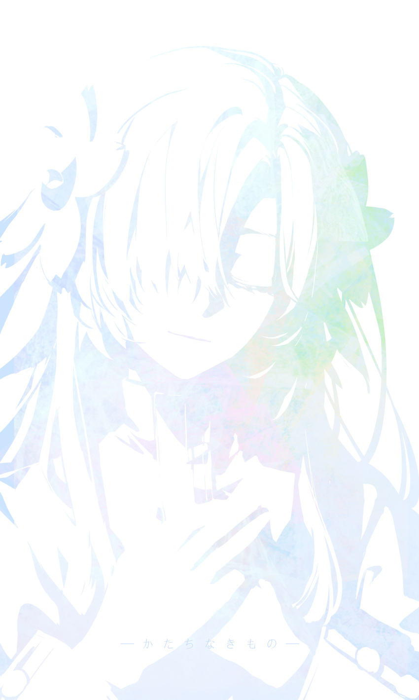 1girl absurdres closed_eyes flower hair_flower hair_ornament hair_over_one_eye hands_on_own_chest highres isekai_joucho kamitsubaki_studio light_smile long_hair monochrome own_hands_together simple_background solo song_name upper_body virtual_youtuber walluka white_background white_theme