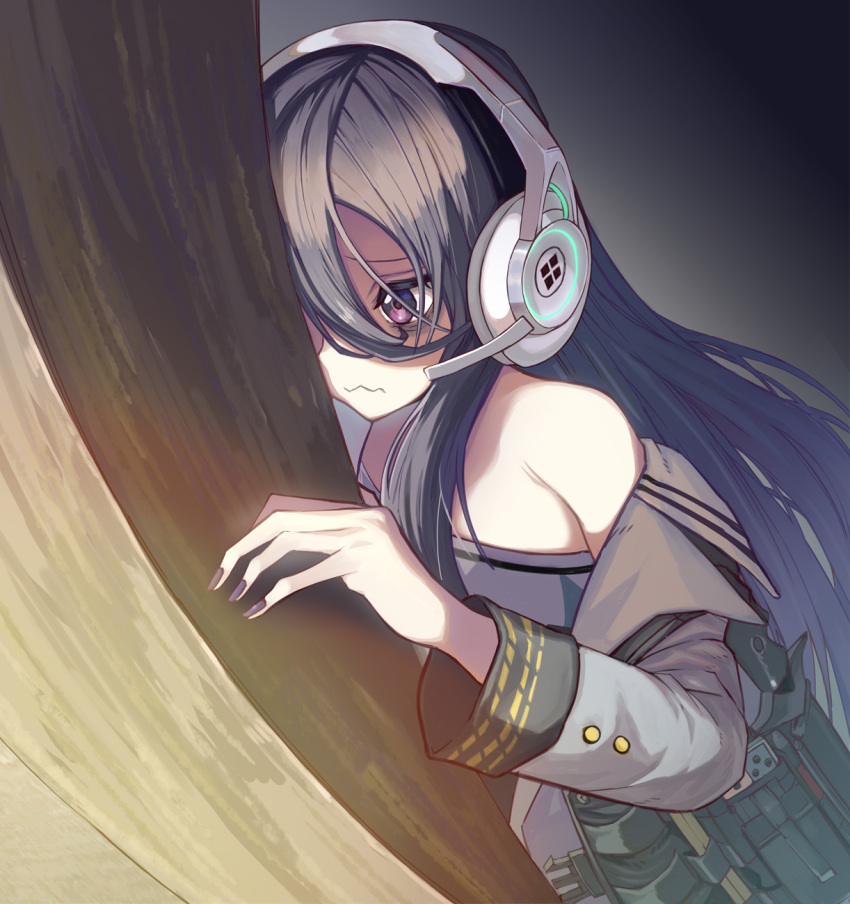 1girl bags_under_eyes bangs bare_shoulders belt black_hair black_nails closed_mouth exia_(nikke) frown goddess_of_victory:_nikke grey_jacket grey_shirt gun hair_between_eyes headphones headset highres holster jacket long_hair long_sleeves off_shoulder open_clothes open_jacket peeking_out shirt solo syope violet_eyes wavy_mouth weapon