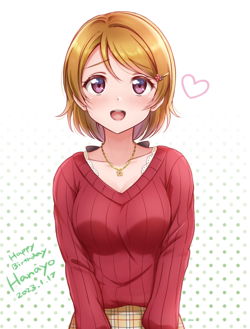 1girl blush brown_hair ckst collarbone eyebrows_hidden_by_hair hair_ornament hairclip happy_birthday heart highres jewelry koizumi_hanayo love_live! love_live!_school_idol_project necklace open_mouth plaid plaid_skirt polka_dot polka_dot_background raised_eyebrows red_sweater short_hair skirt smile sweater v_arms violet_eyes