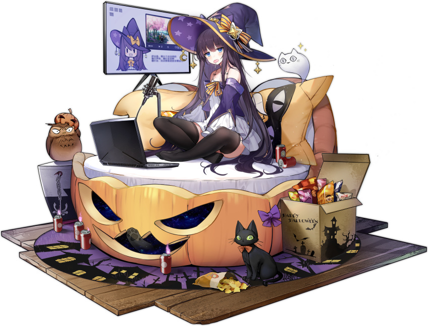 1girl azur_lane bangs bird blue_eyes blush brown_hair candy computer eagle_union_(emblem) food halloween halloween_costume hat highres laptop long_hair long_island_(azur_lane) long_island_(long_island's_spooky_stream)_(azur_lane) looking_at_viewer microphone monitor off_shoulder official_alternate_costume official_art ootsuki_momiji open_mouth owl pumpkin pumpkin_hat solo very_long_hair witch witch_hat