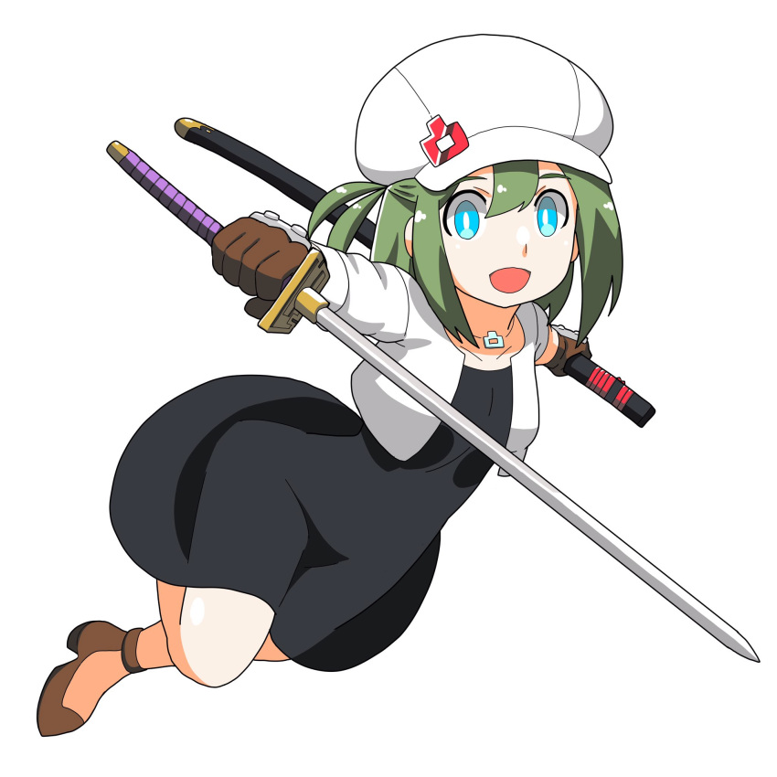 1girl :d bangs black_dress blue_eyes borrowed_character brown_footwear brown_gloves cabbie_hat collarbone cropped_jacket dress fujishiro_nekomata full_body gloves green_hair hair_between_eyes hat highres holding holding_sheath holding_sword holding_weapon jacket katana long_sleeves looking_at_viewer one_side_up open_clothes open_jacket original sheath shoes simple_background smile solo sword unsheathed weapon white_background white_headwear white_jacket yunomiya_agari