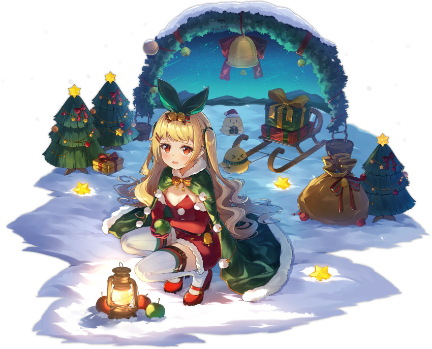 &gt;_&lt; 1girl azur_lane bangs bell bird blonde_hair box breasts cape chick christmas christmas_ornaments christmas_tree copyright_name dango_remi dress elbow_gloves fur-trimmed_cape fur-trimmed_gloves fur_trim gift gift_box gloves green_cape hair_bell hair_ornament hairclip high_heels highres jenkins_(azur_lane) jenkins_(light_of_the_holiest_star)_(azur_lane) jingle_bell lamp long_hair looking_at_viewer manjuu_(azur_lane) official_alternate_costume official_art open_mouth outdoors red_dress red_eyes red_footwear red_gloves sack santa_costume scarf small_breasts snow solo squatting strapless strapless_dress thigh-highs twintails white_thighhighs
