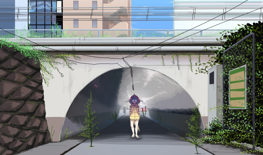 1girl animal_hood blue_hair chain-link_fence city english_commentary fence geta glowing glowing_eyes hands_in_pockets hantoshirom highres hood hoodie kemono_friends outdoors overgrown ribbon sandals scenery short_hair solo standing striped striped_hoodie tail tsuchinoko_(kemono_friends) tunnel urban wire