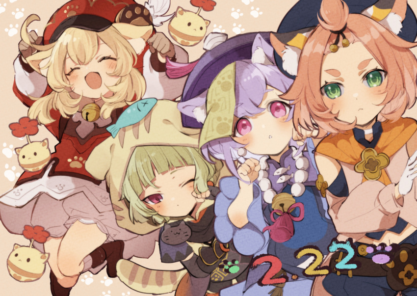 4girls :d ^_^ animal_ears arm_guards backpack bag bangs bangs_pinned_back bead_necklace beads bell belt black_gloves black_shorts bloomers blunt_bangs braid brown_footwear brown_gloves brown_scarf cabbie_hat cat_ears cat_girl cat_tail chinese_clothes closed_eyes clover_print coat coin_hair_ornament commentary_request dated detached_sleeves diona_(genshin_impact) fingerless_gloves fish_on_head genshin_impact gloves green_eyes green_hair hair_between_eyes hair_ornament hair_ribbon hat hat_feather hat_ornament hood hoodie japanese_clothes jewelry jiangshi jumping jumpy_dumpty kemonomimi_mode klee_(genshin_impact) light_brown_hair long_hair long_sleeves looking_at_viewer low_ponytail low_twintails midriff multiple_girls naruka_(ynarukay) navel neck_bell necklace ninja ofuda parted_lips paw_pose pink_hair puffy_detached_sleeves puffy_shorts puffy_sleeves purple_hair qing_guanmao qiqi_(genshin_impact) red_coat red_headwear ribbon sayu_(genshin_impact) scarf short_hair short_sleeves shorts sidelocks single_braid smile tail thick_eyebrows twintails underwear violet_eyes white_gloves