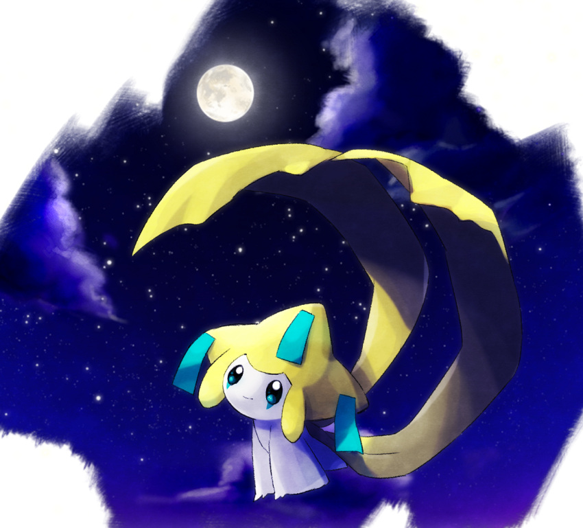 booro_(169b) closed_mouth clouds commentary_request full_body green_eyes jirachi looking_up moon night no_humans outdoors pokemon pokemon_(creature) sky smile solo