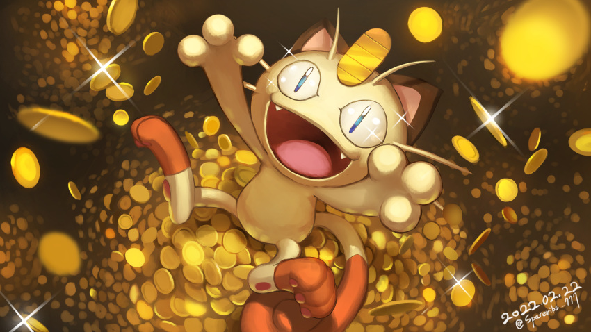 :d arms_up artist_name blue_eyes coin commentary_request dated fangs from_above full_body glint highres looking_at_viewer looking_up meowth open_mouth pokemon pokemon_(creature) sitting smile spareribs sparkle teeth tongue twitter_username