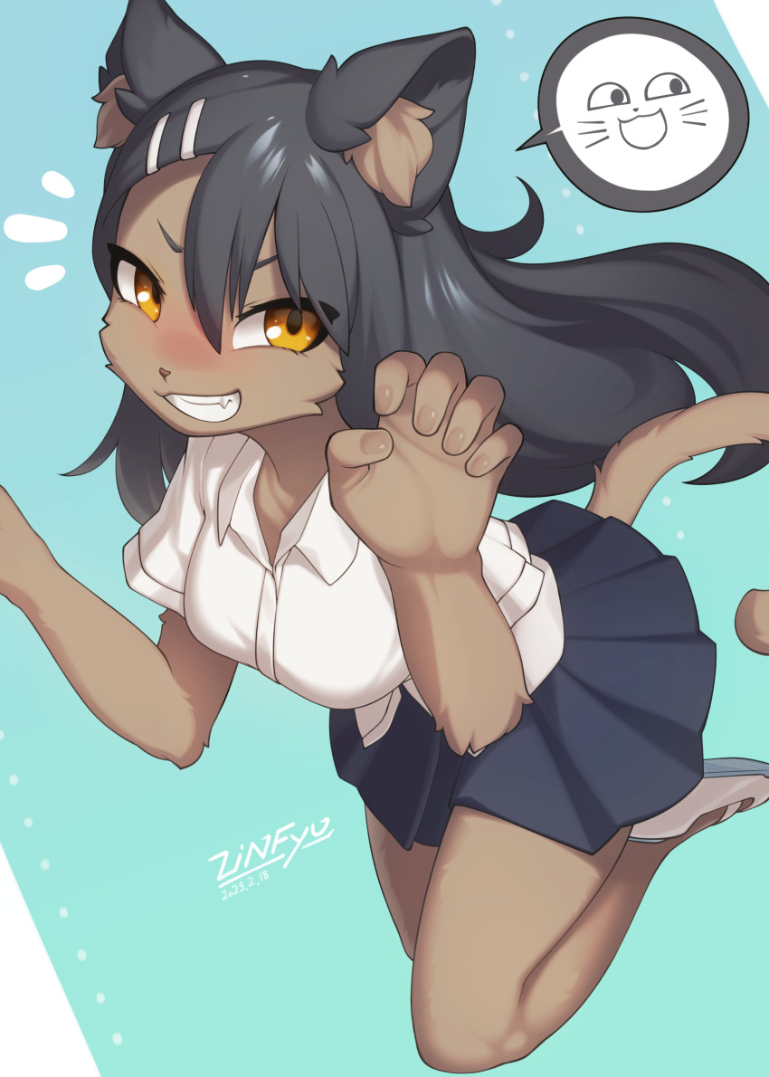 1girl absurdres animal_ear_fluff animal_ears animal_nose bangs black_hair blue_background blue_skirt blush body_fur breasts brown_fur cat_ears cat_girl cat_tail claw_pose collared_shirt commentary_request fang furrification furry furry_female gradient_hair grin hair_between_eyes hands_up happy highres ijiranaide_nagatoro-san long_hair looking_at_viewer medium_breasts miniskirt multicolored_hair nagatoro_hayase nose_blush notice_lines orange_eyes pleated_skirt shirt shoes short_sleeves sidelocks simple_background skirt smile solo speech_bubble spoken_expression tail teeth thighs v-shaped_eyebrows white_footwear white_shirt zinfyu