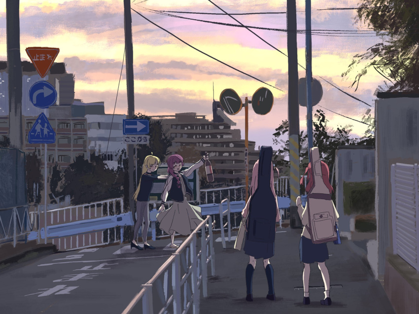 4girls ahoge alcohol arm_up bangs black_shirt black_skirt black_socks blonde_hair blunt_bangs blush bocchi_the_rock! bottle braid building city closed_eyes clouds cloudy_sky commentary crosswalk dress english_commentary facing_another foot_up full_body gotou_hitori guard_rail guitar_case hair_over_shoulder hands_on_another's_back high_heels highres hiroi_kikuri holding holding_bottle ijichi_seika instrument_case instrument_on_back jacket kita_ikuyo kneehighs letterman_jacket long_hair long_sleeves looking_at_another loose_socks medium_hair mixed-language_commentary morning multiple_girls one_side_up outdoors parted_bangs power_lines purple_hair pushing railing red_eyes redhead road road_sign sake scenery school_uniform shirt shoulder_strap sidewalk sign skirt sky sleeves_past_elbows smile socks standing stop_sign sukoya_tsukasa traffic_mirror tree utility_pole white_socks zouri