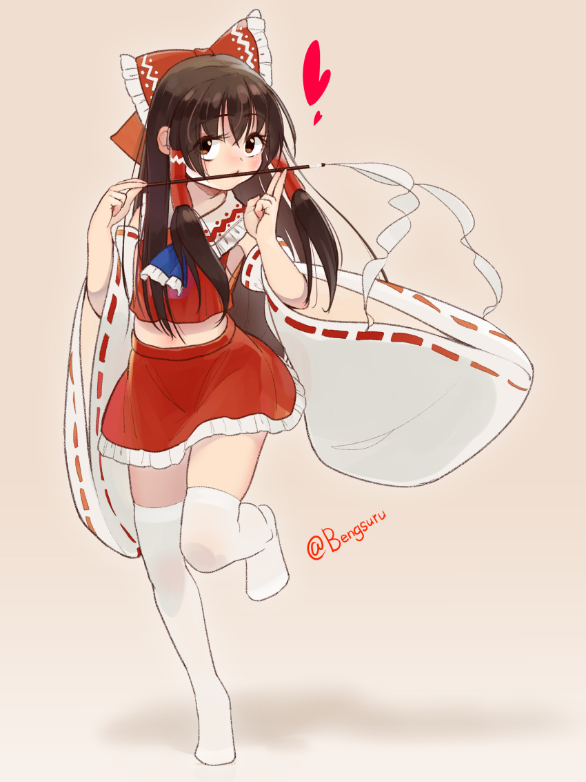 1girl absurdres bangs blush breasts brown_eyes brown_hair detached_sleeves full_body gohei hair_between_eyes hair_tubes hakurei_reimu hands_up highres holding holding_stick housulu long_hair looking_at_viewer medium_breasts midriff no_shoes over-kneehighs petite red_vest ribbon-trimmed_sleeves ribbon_trim simple_background skirt skirt_set solo standing standing_on_one_leg stick thigh-highs touhou very_long_hair vest white_thighhighs
