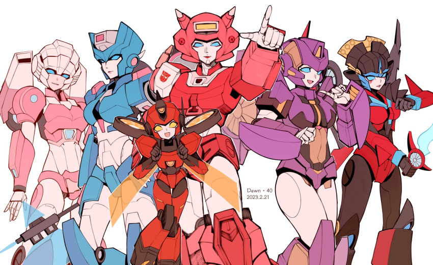 6+girls arcee artist_name azuredawn40 breasts chromia clenched_hands dated elita_one energy_axe energy_sword energy_wings english_commentary head_tilt highres holding holding_sword holding_weapon medium_breasts multiple_girls nautica_(transformers) orange_eyes parted_lips pointing pointing_at_self red_lips smile sword the_transformers_(idw) transformers transformers:_earthspark twitch_(transformers) weapon white_background windblade