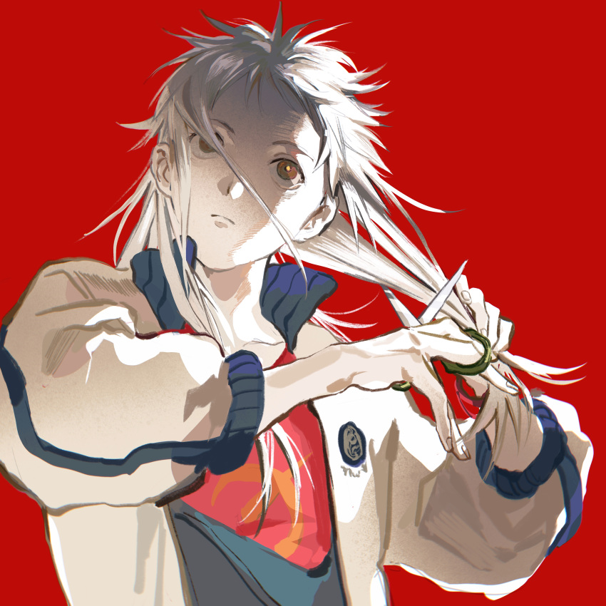 1girl absurdres bangs brown_eyes closed_mouth cutting_hair cutting_own_hair floating_hair frown hair_over_one_eye highres holding holding_hair holding_scissors jacket long_hair long_sleeves looking_away mimulishizi original red_background scissors solo upper_body white_hair white_jacket