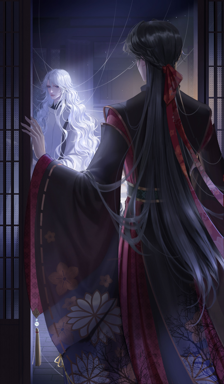 2boys absurdres bai_liu black_hair chinese_clothes floating_hair glint hanfu highres i_became_a_god_in_a_horror_game light_particles light_rays long_hair long_sleeves male_focus multiple_boys qingrihuanghun tavel white_hair