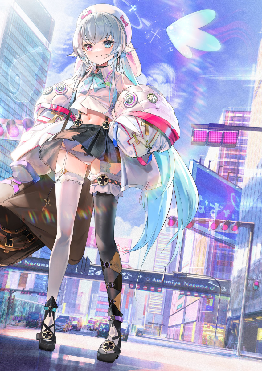 1girl absurdres amemiya_nazuna beret cityscape commentary full_body hat heterochromia highres janyhero lens_flare long_hair looking_at_viewer mixed-language_commentary panties shoes smile solo standing thigh-highs underwear virtual_youtuber vshojo white_background