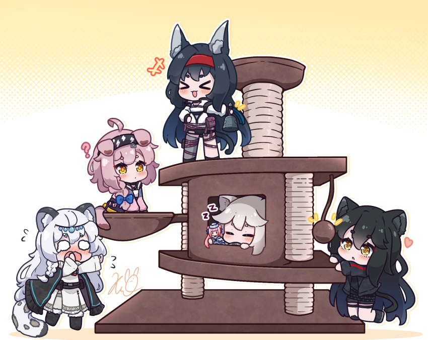 &gt;_&lt; +++ 5girls :d :o ? animal_ear_fluff animal_ears arknights bell black_footwear black_hair black_shorts black_skirt blaze_(arknights) blush boots braid cat_ears cat_girl cat_tail cat_tower ceylon_(arknights) character_doll closed_eyes dagda_(arknights) flying_sweatdrops fur-trimmed_boots fur_trim goldenglow_(arknights) grey_hair grey_thighhighs hair_over_shoulder hairband halftone halftone_background highres holding holding_bell jacket kneeling kurotofu long_hair long_sleeves multiple_girls nose_blush notice_lines parted_lips pink_hair pramanix_(arknights) puffy_long_sleeves puffy_sleeves red_hairband schwarz_(arknights) shirt shoes short_eyebrows short_shorts shorts single_braid single_thighhigh skirt sleeping smile tail teardrop thick_eyebrows thigh-highs very_long_hair wavy_eyes white_jacket white_shirt xd yellow_eyes zzz