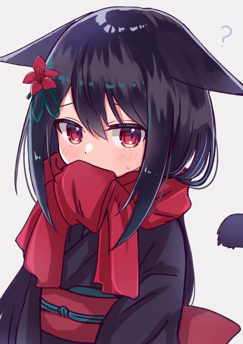 1girl ? animal_ears black_hair black_kimono cat_ears cat_girl cat_tail ears_down enpera highres japanese_clothes kimono long_hair looking_at_viewer mouth_hold original red_eyes red_scarf scarf sese_nagi tail