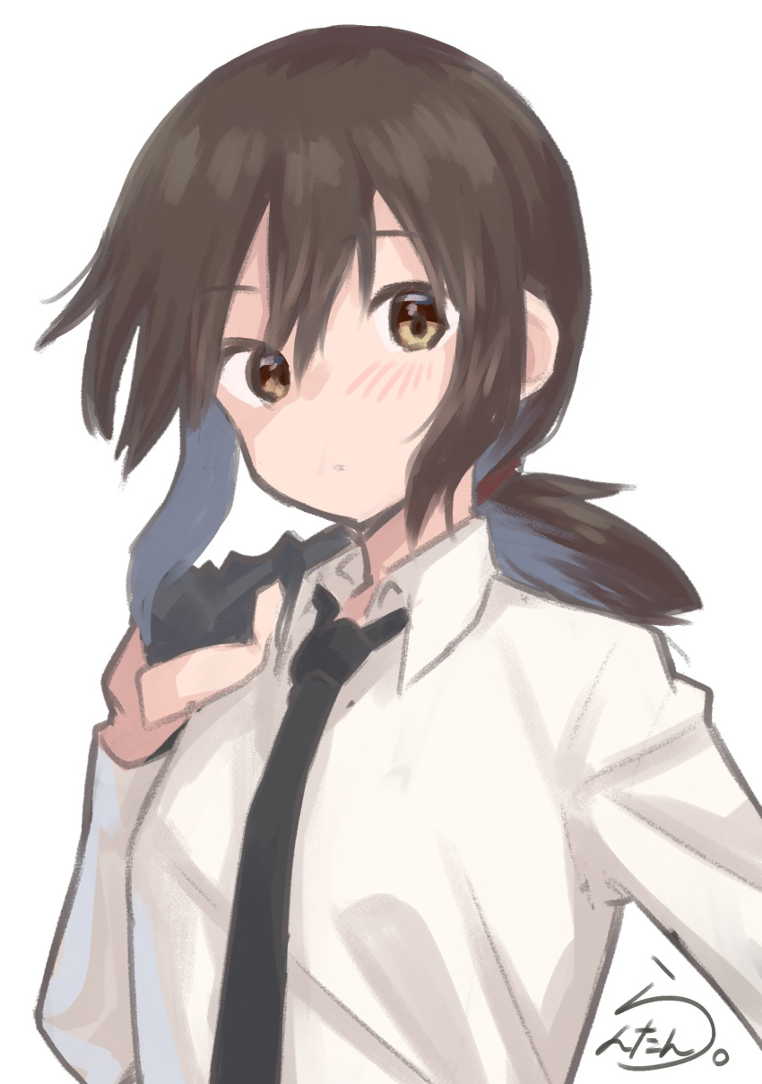 1girl absurdres alternate_costume black_necktie brown_eyes brown_hair closed_mouth collared_shirt fubuki_(kancolle) hair_between_eyes highres jacket jacket_over_shoulder jacket_removed kantai_collection lanthan light_blush long_sleeves looking_at_viewer low_ponytail necktie shirt short_ponytail sidelocks signature simple_background solo standing upper_body white_background white_shirt