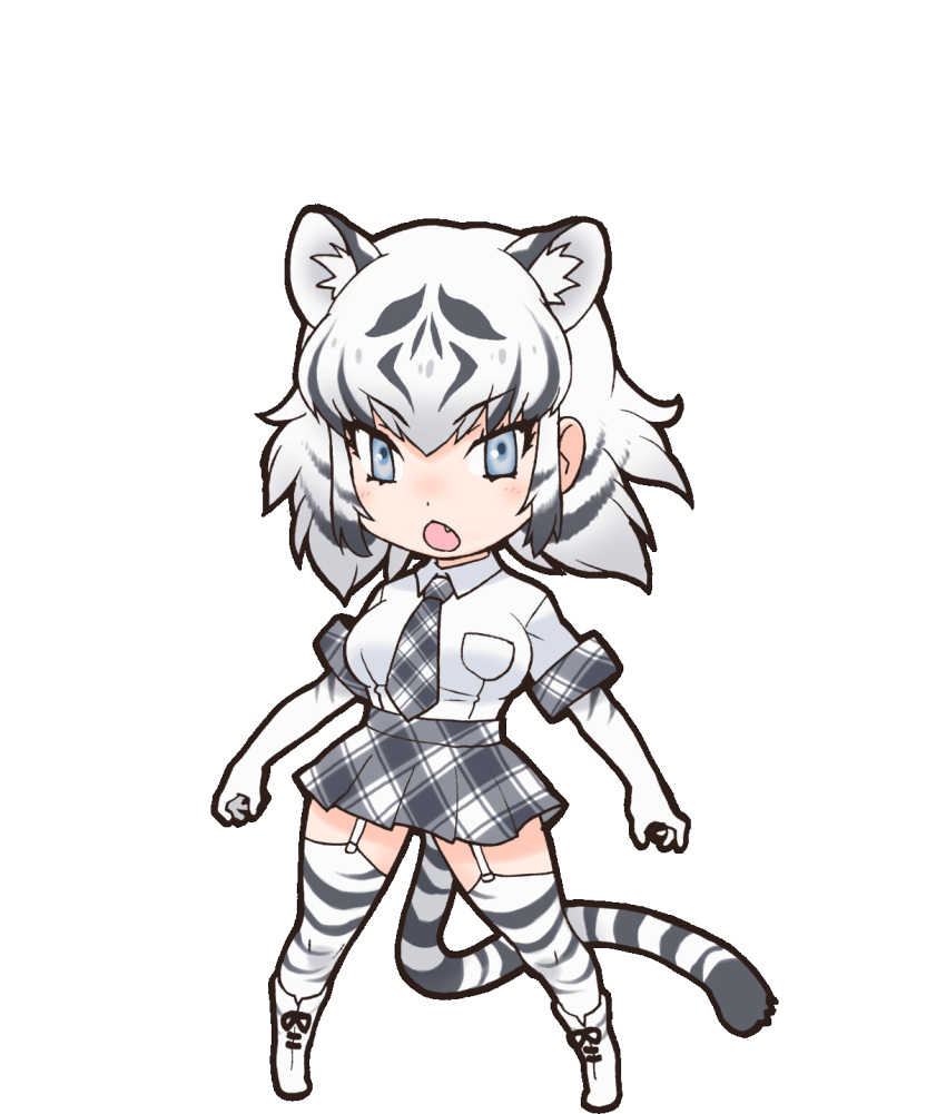 1girl animal_ear_fluff animal_ears blue_eyes elbow_gloves extra_ears gloves highres kemono_friends looking_at_viewer necktie official_art open_mouth shirt shoes short_hair skirt socks solo tail thigh-highs tiger_ears tiger_girl tiger_tail transparent_background white_tiger_(kemono_friends) yoshizaki_mine