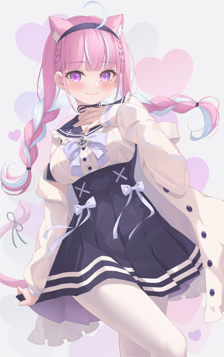 1girl absurdres ahoge animal_ear_fluff animal_ears bangs blue_hair blue_hairband blue_nails blue_ribbon blue_skirt blunt_bangs blush braid cat_ears cat_girl cat_tail choker closed_mouth colored_inner_hair commentary_request frilled_sailor_collar frills hairband hand_on_own_chest heart high-waist_skirt highres hololive jacket keikei_(kitty_colors) long_hair long_sleeves looking_at_viewer minato_aqua multicolored_hair off_shoulder open_clothes open_jacket pantyhose pink_hair pleated_skirt ribbon ribbon_choker sailor_collar school_uniform serafuku short_sleeves skirt skirt_hold smile solo streaked_hair tail tail_ornament tail_ribbon twin_braids twintails two-tone_hair violet_eyes virtual_youtuber white_jacket white_pantyhose