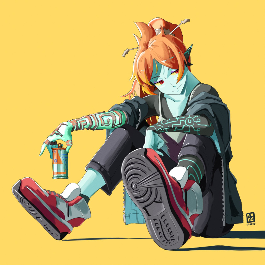 1girl alternate_costume automatic_giraffe black_hoodie black_pants can closed_mouth collarbone colored_sclera full_body hair_ornament hairpin highres holding holding_can hood hoodie long_hair looking_to_the_side midna orange_hair pants red_eyes red_footwear shoes simple_background sitting smile sneakers solo the_legend_of_zelda the_legend_of_zelda:_tears_of_the_kingdom yellow_background yellow_sclera