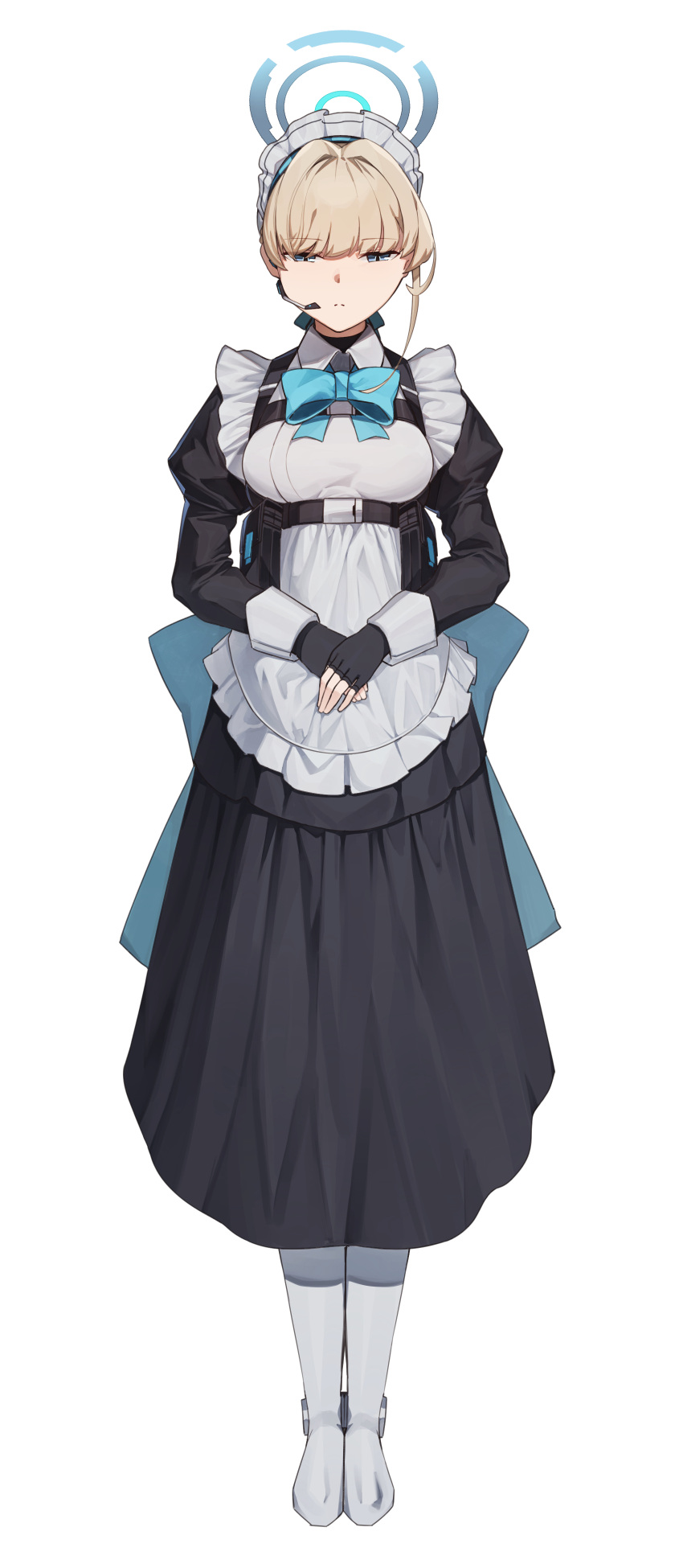1girl absurdres apron bangs black_gloves blonde_hair blue_archive blue_eyes boots breasts fingerless_gloves frills full_body gloves half-closed_eyes halo headset highres maid_apron maid_headdress mung_(larnec) neck_ribbon ribbon short_hair simple_background solo toki_(blue_archive) white_background
