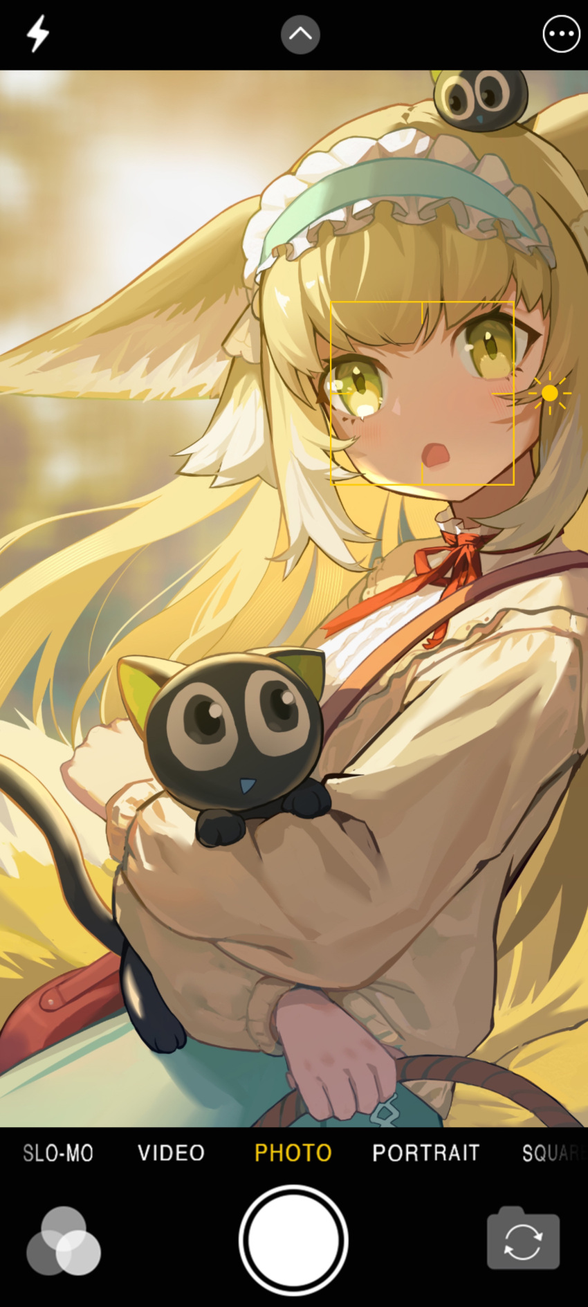 1girl absurdres animal_ear_fluff animal_ears animal_hug arknights azhi1997 bag black_cat blonde_hair blue_hairband blue_skirt blurry blurry_background brown_jacket cat commentary_request crossover depth_of_field fox_ears fox_girl fox_tail frilled_hairband frills hairband heixiu highres jacket kitsune long_hair looking_at_viewer luoxiaohei multicolored_hair neck_ribbon on_head open_clothes open_jacket open_mouth red_ribbon ribbon shirt shoulder_bag skirt suzuran_(arknights) suzuran_(spring_praise)_(arknights) tail the_legend_of_luo_xiaohei two-tone_hair very_long_hair white_hair white_shirt yellow_eyes