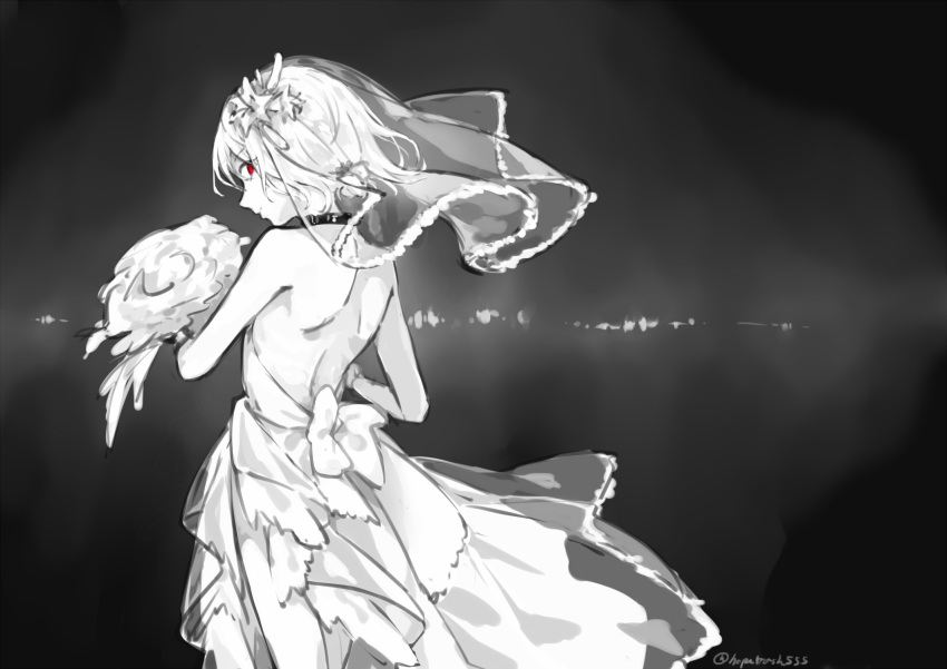 1girl accelerator_(toaru_majutsu_no_index) albino ambiguous_gender androgynous back bangs bare_legs black_background black_choker bouquet bow bridal_veil choker cowboy_shot dress dress_bow flower genderswap genderswap_(mtf) greyscale hair_flower hair_ornament hands_up highres holding holding_bouquet hopetrash555 lace-trimmed_dress lace_trim legs lily_(flower) limited_palette looking_at_viewer looking_back monochrome pale_skin pixie_cut red_eyes see-through short_hair spot_color standing suzushina_yuriko toaru_majutsu_no_index veil wedding_dress white_bow white_dress white_hair wide_shot