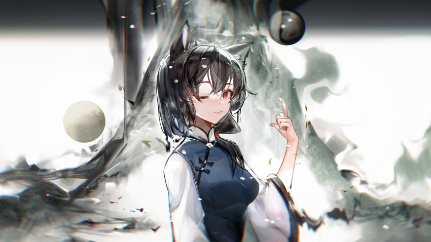 1girl ;) absurdres animal_ear_fluff animal_ears arknights black_hair blue_jacket bright_pupils cat_ears chinese_clothes chinese_commentary closed_mouth commentary_request dawn_(arknights) hair_between_eyes hair_over_shoulder hand_up highres jacket long_hair looking_at_viewer nuez one_eye_closed pointing red_eyes shirt smile solo tangzhuang upper_body white_pupils white_shirt