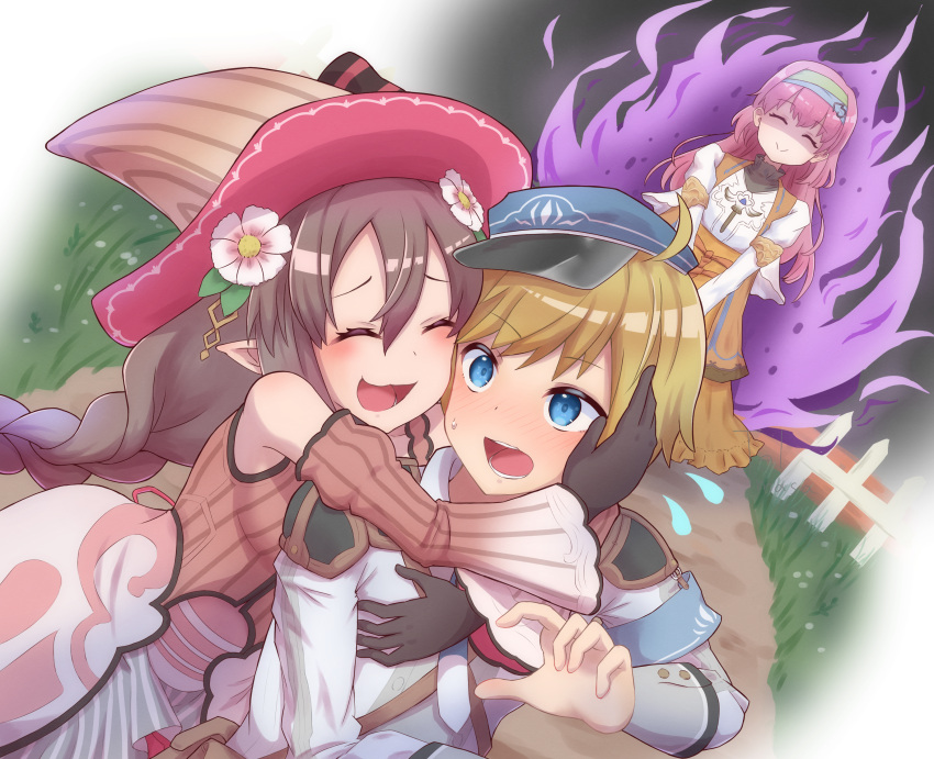 1boy 2girls absurdres angry ares_(rune_factory) armor blonde_hair cheek-to-cheek closed_eyes dirt_road dress embarrassed false_smile fence flower flying_sweatdrops gloves grass hair_flower hair_ornament hand_on_another's_cheek hand_on_another's_face hat heads_together highres hug ludmila_(rune_factory) multiple_girls pink_hair priscilla_(rune_factory) road rune_factory rune_factory_5 shoulder_armor sleeve_cuffs smile terumasa_(amanoy) witch_hat wooden_fence
