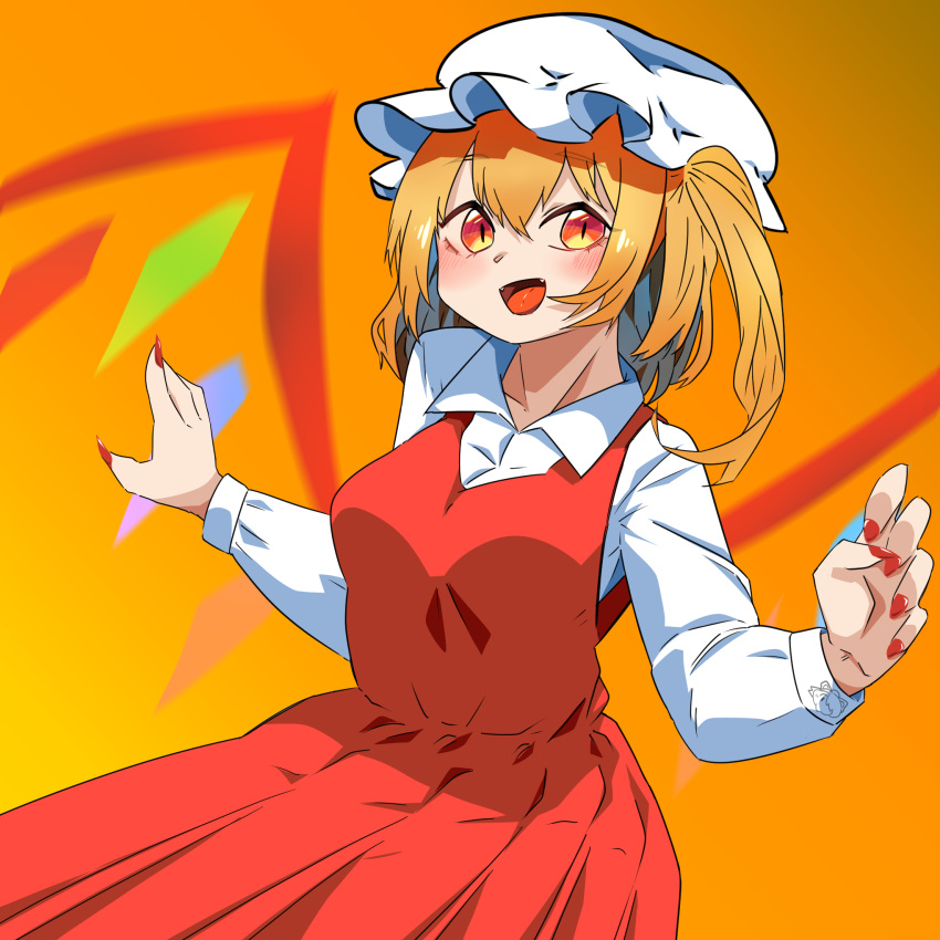 1girl :d bangs blonde_hair blush breasts collared_shirt commentary_request cowboy_shot crystal dress fangs fingernails flandre_scarlet hair_between_eyes hat highres long_hair looking_at_viewer medium_breasts mob_cap open_mouth orange_background orange_eyes pinafore_dress red_dress red_nails rinyamame sharp_fingernails shirt slit_pupils smile solo tongue touhou white_headwear white_shirt wings