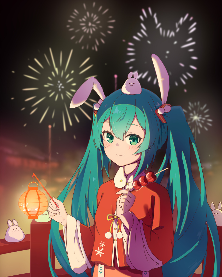 1girl absurdres animal_ears aqua_eyes aqua_hair bangs blurry blurry_background blush breasts chinese_clothes chinese_new_year collared_shirt dango fence fireworks food hair_between_eyes hair_ornament happy_new_year hatsune_miku highres holding lantern light_blush long_hair long_sleeves looking_at_viewer newminds night paper_lantern pom_pom_(clothes) rabbit rabbit_ears red_shirt shirt sidelocks small_breasts smile solo tangzhuang twintails vocaloid wagashi wide_sleeves