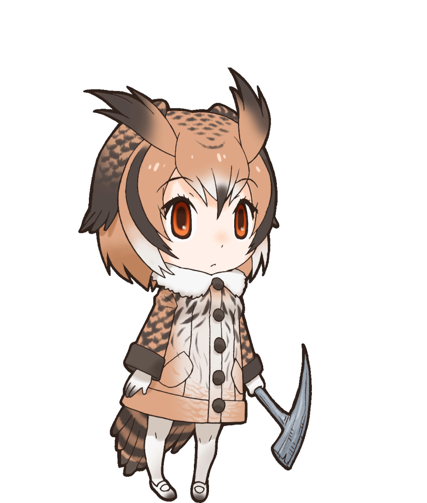 1girl animal_ears bird_ears bird_girl bird_tail bird_wings brown_eyes brown_hair closed_mouth coat eurasian_eagle_owl_(kemono_friends) gloves highres kemono_friends looking_at_viewer official_art pantyhose shoes short_hair solo tail transparent_background wand wings yoshizaki_mine