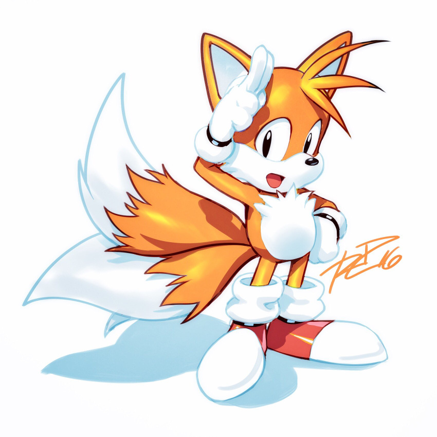 1boy bad_id bad_twitter_id fox_boy full_body furry furry_male gloves highres male_focus multiple_tails open_mouth robaato simple_background solo sonic_(series) tail tails_(sonic) two_tails white_background