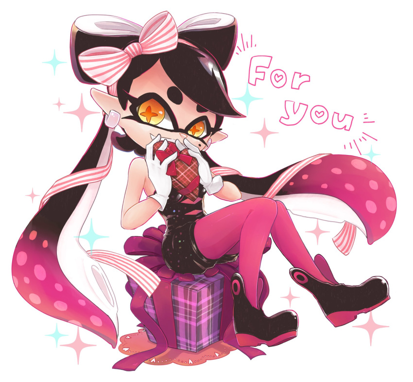 +_+ 1girl alternate_hair_ornament ankle_boots bangs black_footwear black_hair black_jumpsuit boots bow box callie_(splatoon) commentary cross-shaped_pupils doily earrings english_commentary english_text gift gloves hair_bow heart-shaped_box highres holding holding_gift jewelry jumpsuit long_hair looking_at_viewer mixed-language_commentary mole mole_under_eye okome_2g2g open_mouth panties pink_bow pink_hair pink_panties pointy_ears short_jumpsuit sitting smile solo splatoon_(series) splatoon_1 swept_bangs symbol-shaped_pupils tentacle_hair twintails underwear valentine very_long_hair white_background white_gloves yellow_eyes