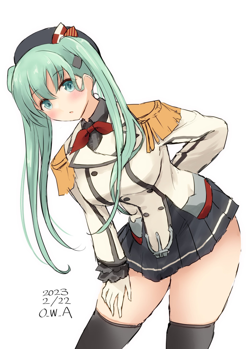 1girl :o alternate_costume alternate_hairstyle aqua_eyes aqua_hair artist_name beret black_thighhighs buttons cosplay dated double-breasted epaulettes frilled_sleeves frills gloves grey_skirt hair_ornament hairclip hat highres jacket kantai_collection kashima_(kancolle) kashima_(kancolle)_(cosplay) long_hair looking_at_viewer military military_jacket military_uniform miniskirt neckerchief owa_(ishtail) pleated_skirt red_neckerchief skirt solo suzuya_(kancolle) thigh-highs twintails uniform white_background white_gloves white_jacket