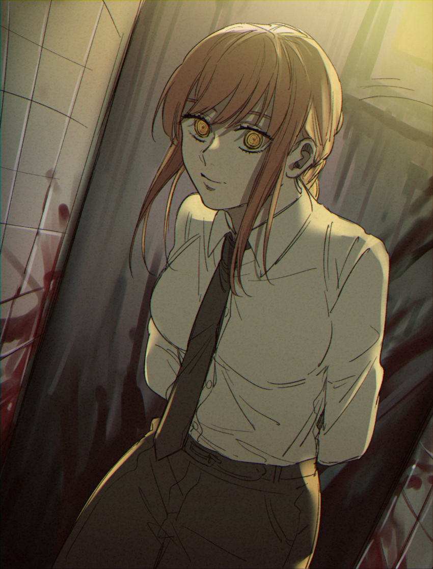 1girl absurdres arms_behind_back black_necktie black_pants blood_on_wall braid breasts chainsaw_man commentary dutch_angle highres hunched_over kulissara-aung makima_(chainsaw_man) medium_breasts necktie orange_hair pants single_braid smile solo yellow_eyes