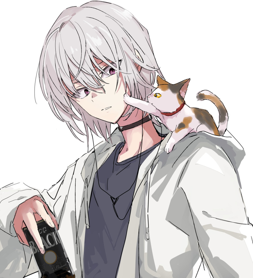 1boy accelerator_(toaru_majutsu_no_index) albino ambiguous_gender androgynous animal_on_shoulder anninn_do_fu arm_at_side bangs black_choker black_shirt calico can canned_coffee cat cat_on_person cat_on_shoulder choker coffee electrodes fingernails hair_between_eyes hand_up highres holding holding_can hood hood_down jacket kitten looking_at_another messy_hair open_mouth pale_skin red_eyes sanpaku shirt short_hair sidelocks sketch solo solo_focus sphynx_(cat) surprised toaru_majutsu_no_index upper_body white_background white_hair white_jacket